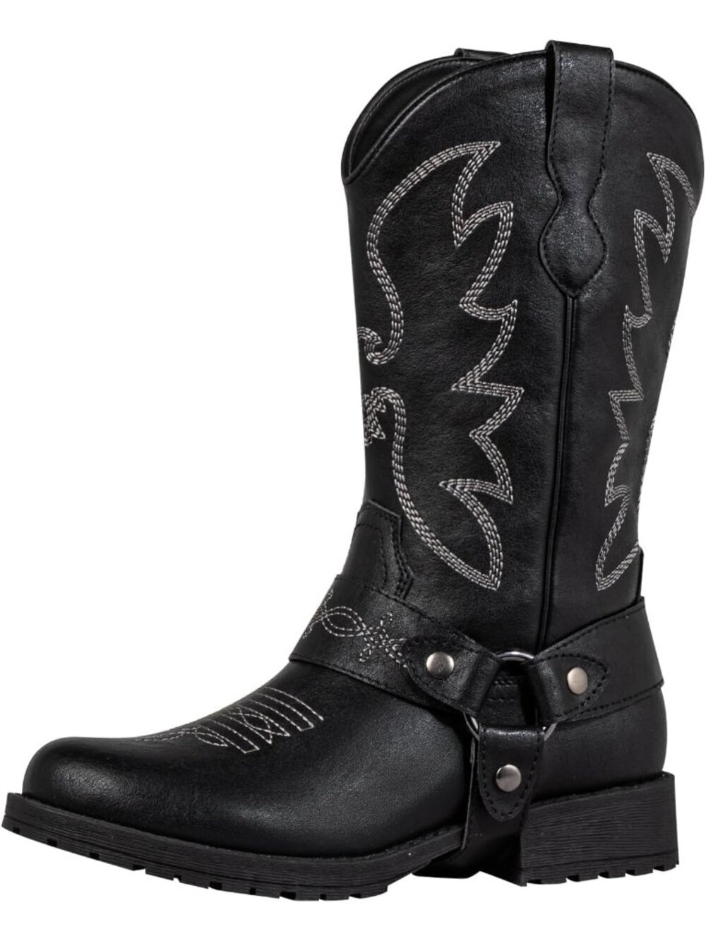 Women's Black Round Toe Western Cowgirl Boots Mid Calf Retro Pull On Block Heels